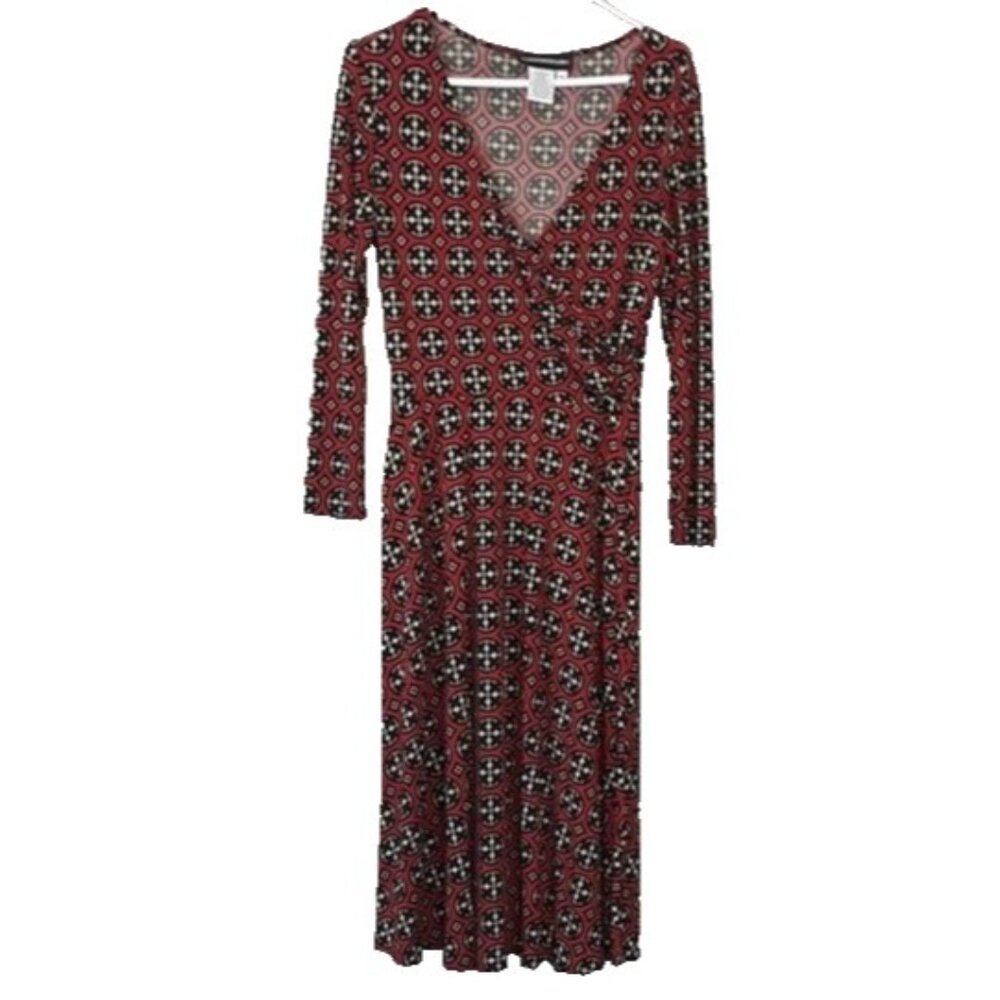 Donna Morgan Womens Faux Wrap Midi Dress Size 6 Red Printed‎ Long Sleeve Carrier